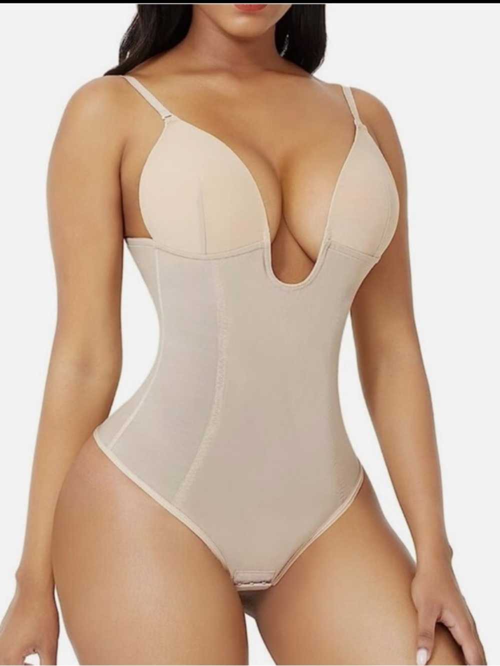 FeelinGirl Women’s Beige Tummy Control U Plunge Thong Shape-wear Bodysuit NWT L